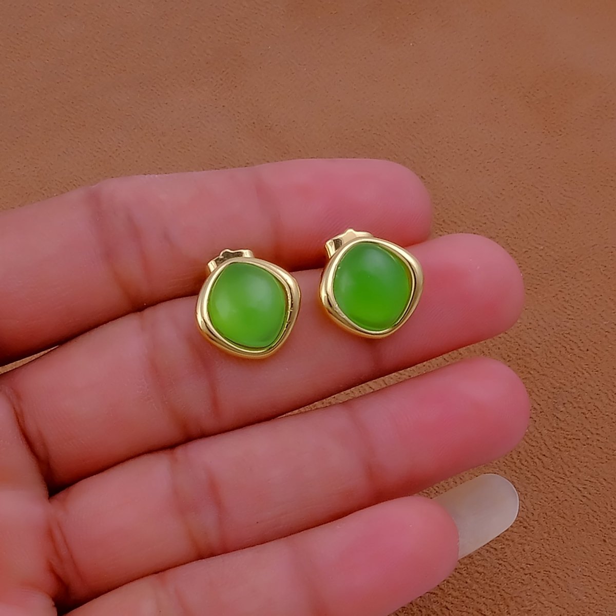 Gemstone Green Onyx Stud Earrings, Minimalist Birthstone Jewelry CE - 1018