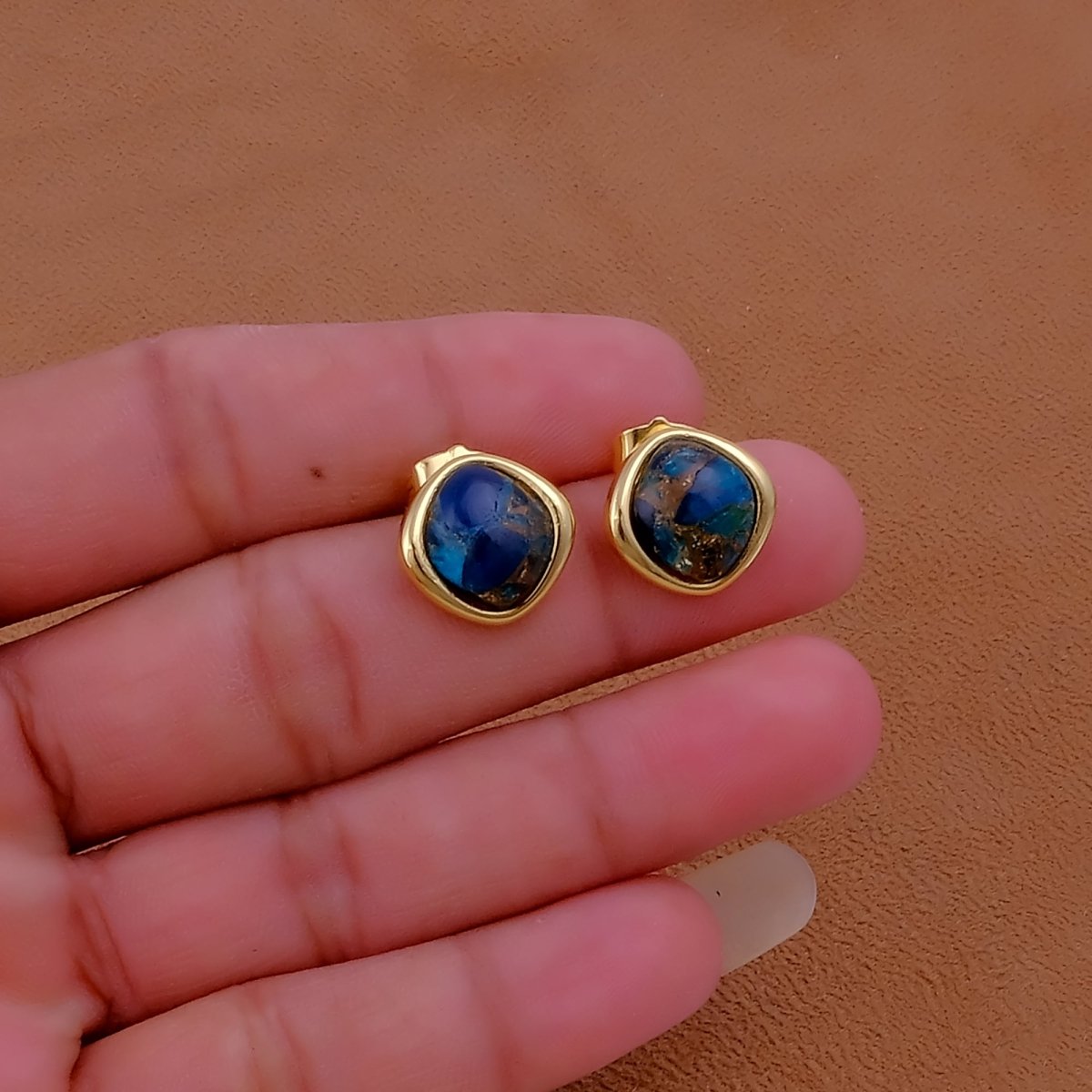 Gemstone Green Onyx Stud Earrings, Minimalist Birthstone Jewelry CE - 1018