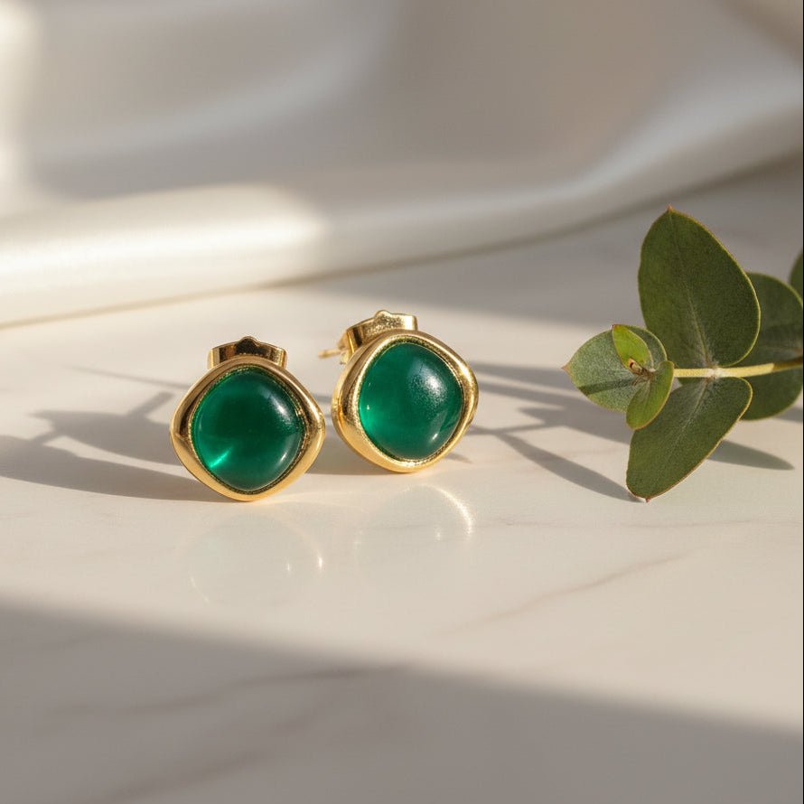 Gemstone Green Onyx Stud Earrings, Minimalist Birthstone Jewelry CE - 1018