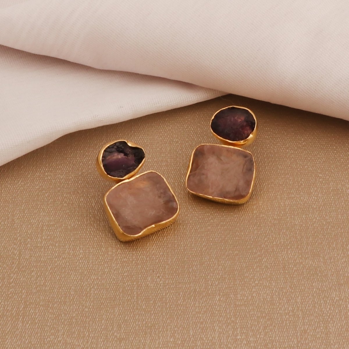 Geometric Multi - Stone Dangle Drops | Gold - Plated Double Drop Earrings 5027