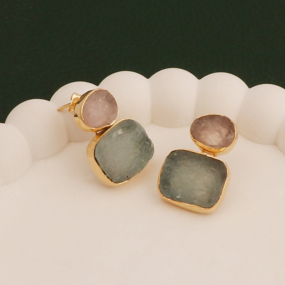 Geometric Multi - Stone Dangle Drops | Gold - Plated Double Drop Earrings 5027