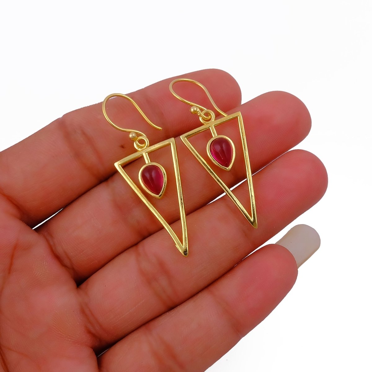 Geometric Triangle Drop Earrings with Teardrop Hessonite Garnet Gemstone CE - 1032