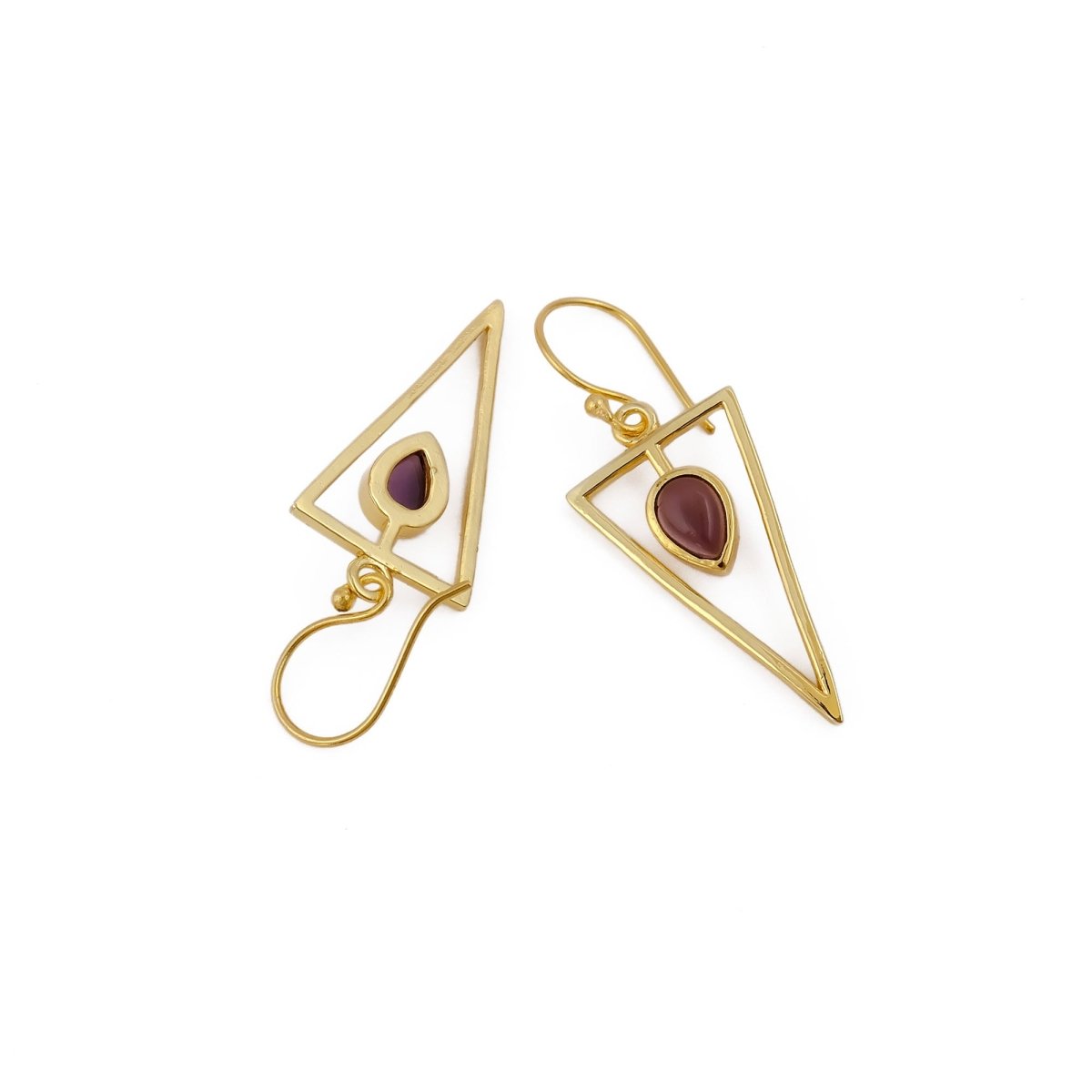 Geometric Triangle Drop Earrings with Teardrop Hessonite Garnet Gemstone CE - 1032