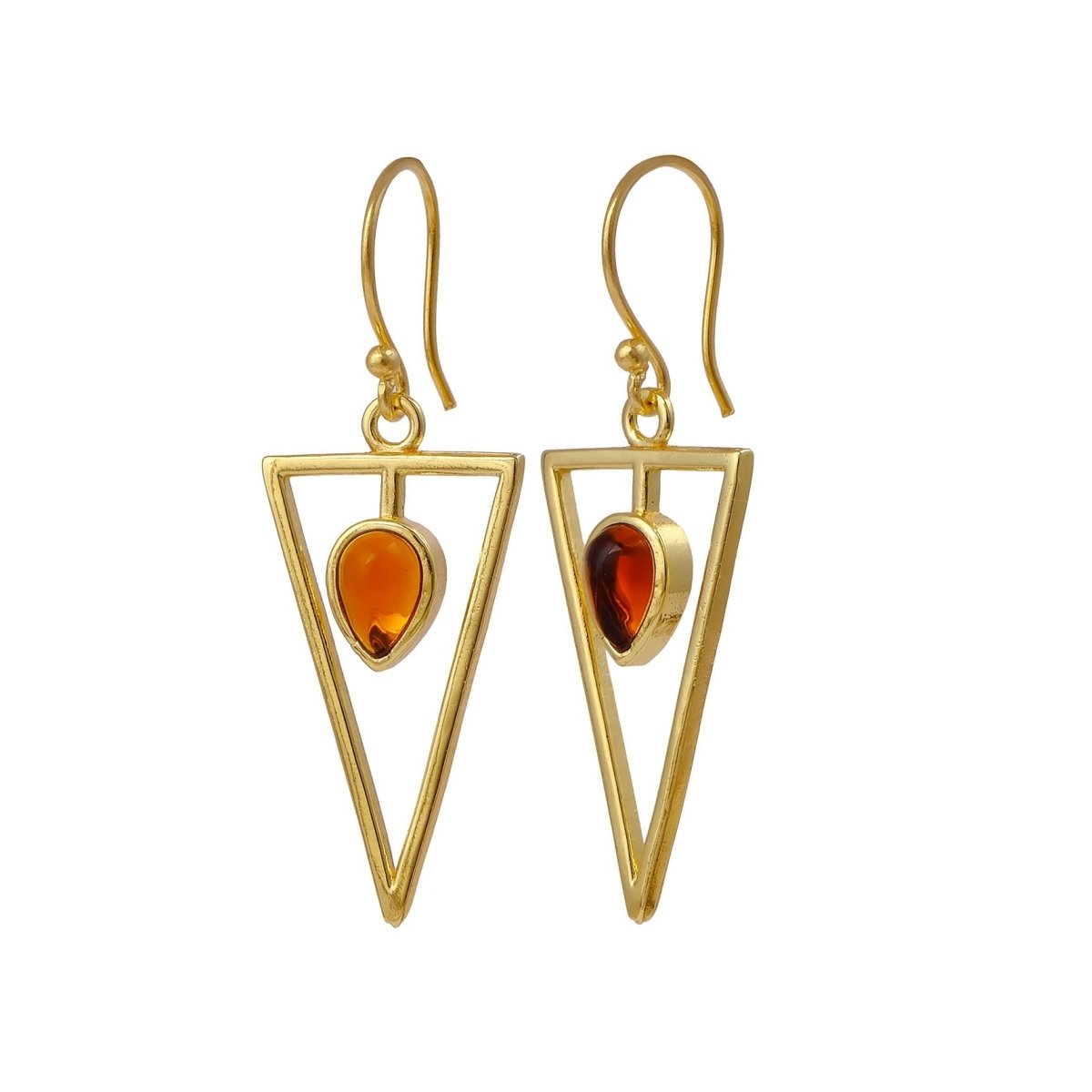 Geometric Triangle Drop Earrings with Teardrop Hessonite Garnet Gemstone CE - 1032