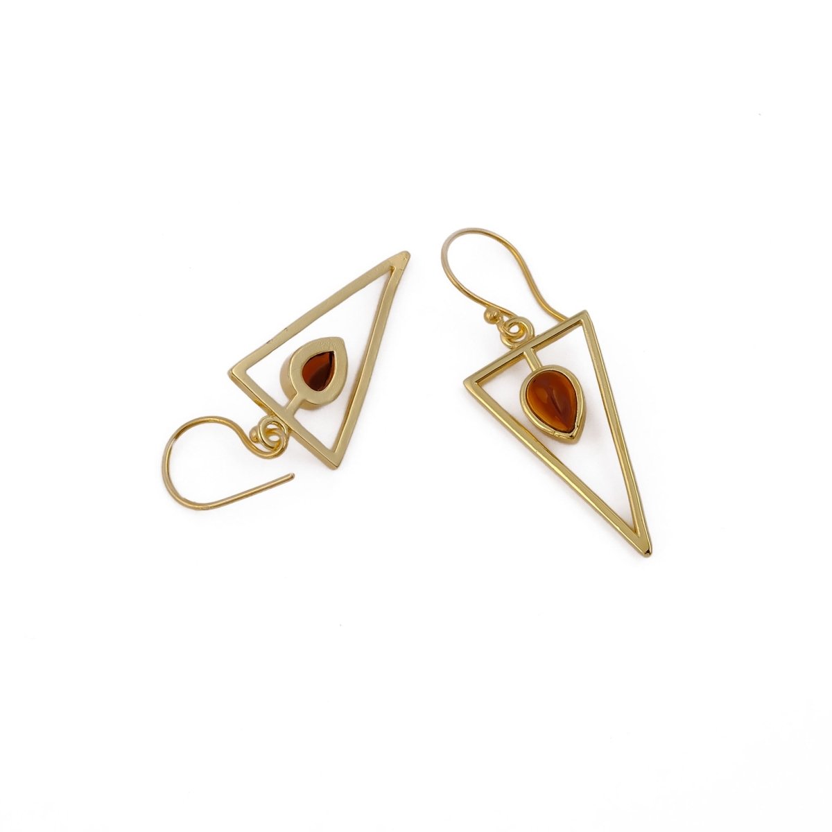Geometric Triangle Drop Earrings with Teardrop Hessonite Garnet Gemstone CE - 1032