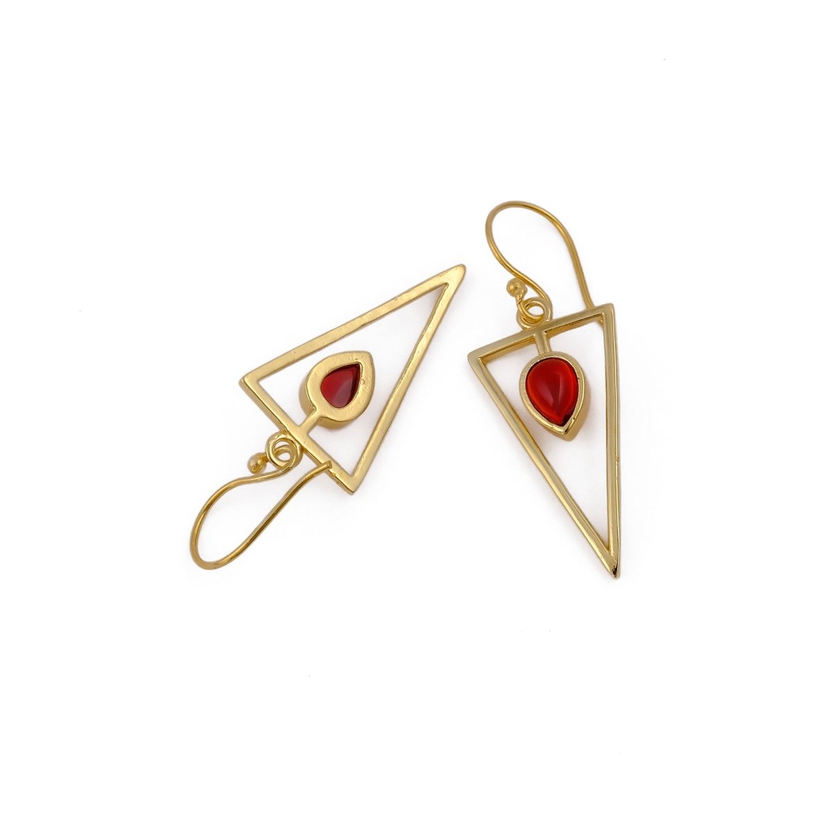 Geometric Triangle Drop Earrings with Teardrop Hessonite Garnet Gemstone CE - 1032