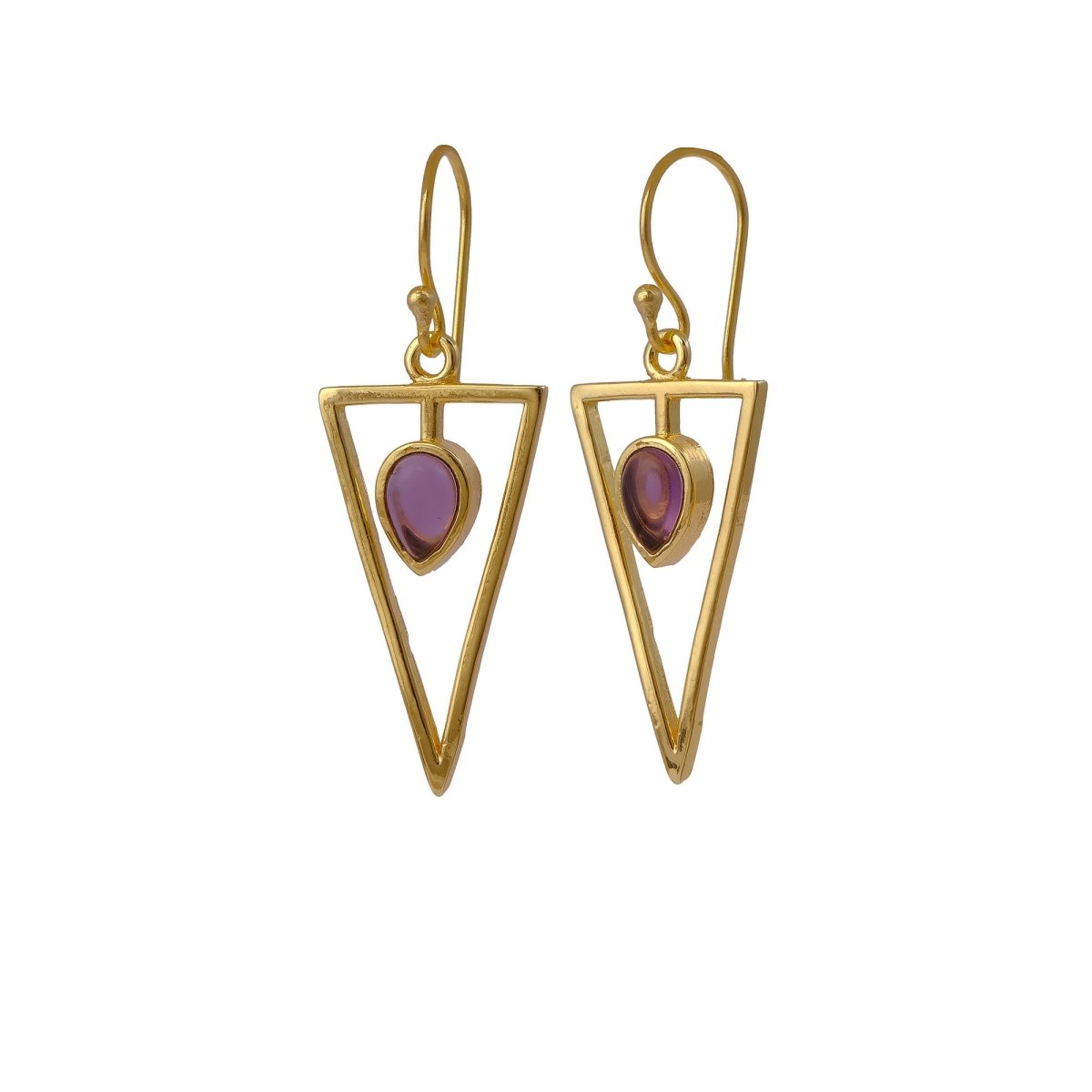 Geometric Triangle Drop Earrings with Teardrop Hessonite Garnet Gemstone CE - 1032