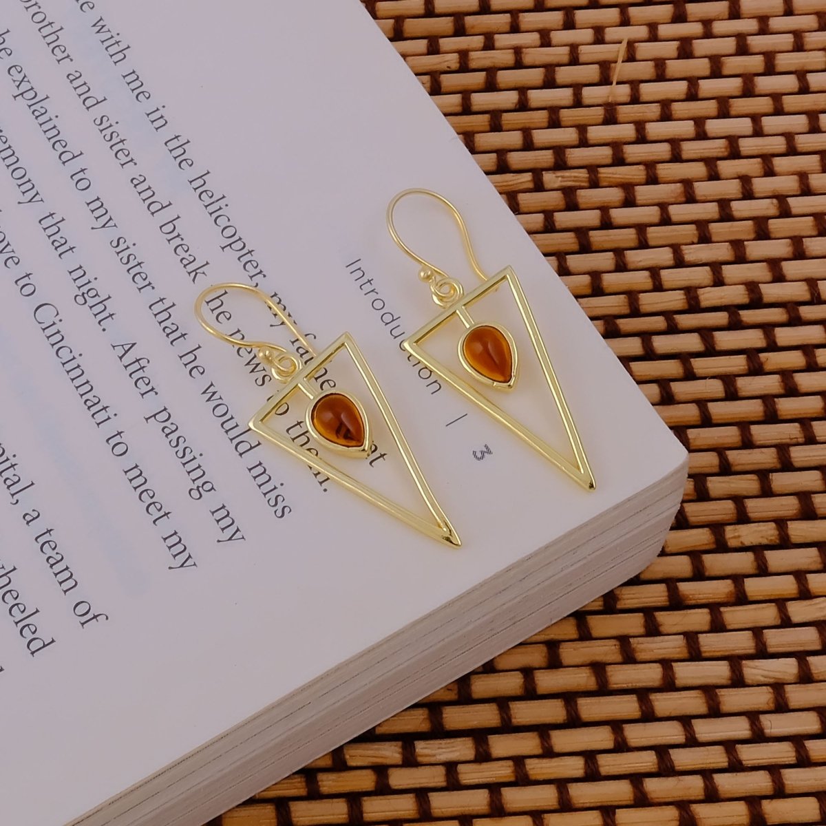Geometric Triangle Drop Earrings with Teardrop Hessonite Garnet Gemstone CE - 1032