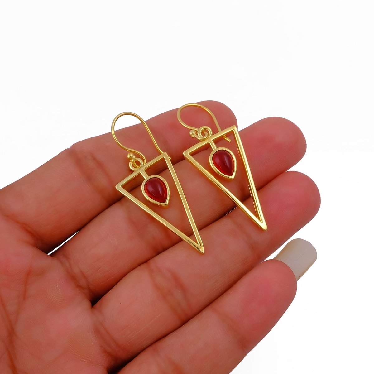 Geometric Triangle Drop Earrings with Teardrop Hessonite Garnet Gemstone CE - 1032
