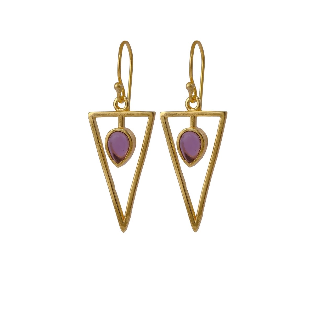 Geometric Triangle Drop Earrings with Teardrop Hessonite Garnet Gemstone CE - 1032