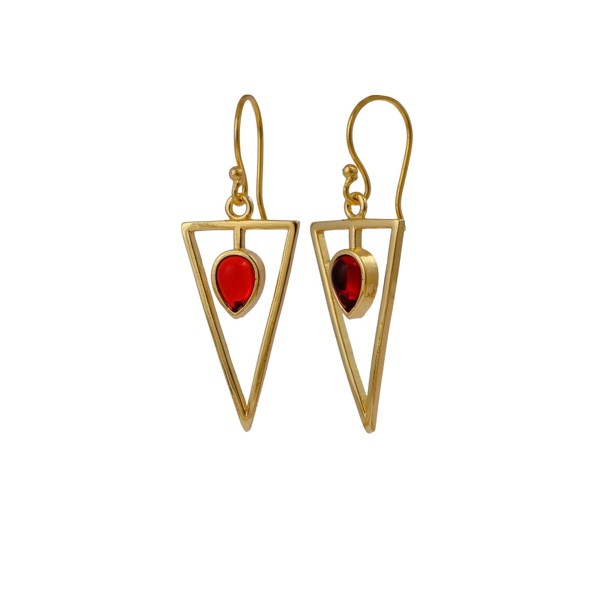 Geometric Triangle Drop Earrings with Teardrop Hessonite Garnet Gemstone CE - 1032