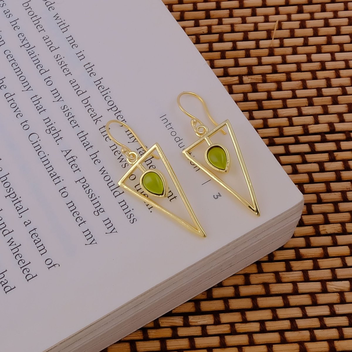 Geometric Triangle Drop Earrings with Teardrop Hessonite Garnet Gemstone CE - 1032