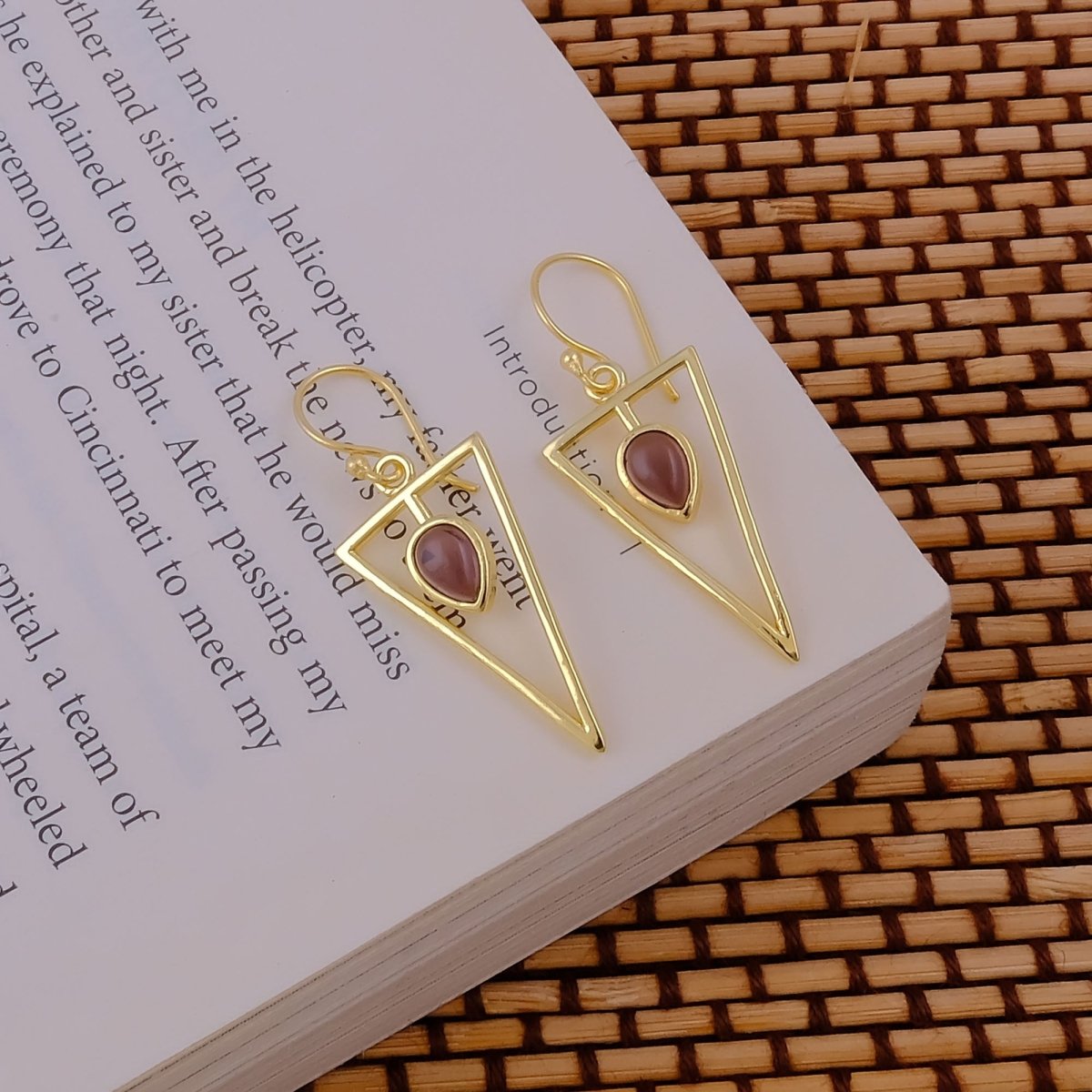 Geometric Triangle Drop Earrings with Teardrop Hessonite Garnet Gemstone CE - 1032
