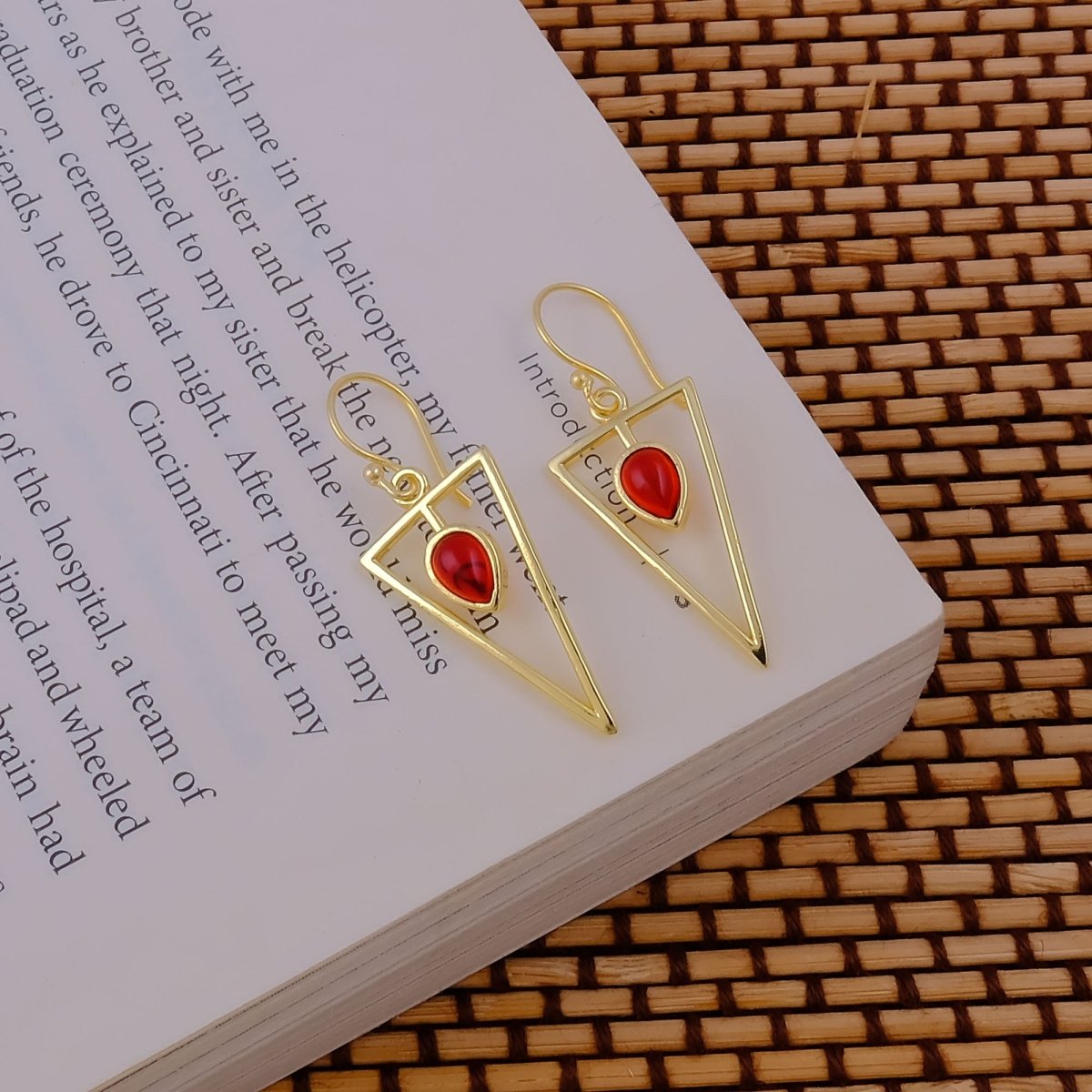Geometric Triangle Drop Earrings with Teardrop Hessonite Garnet Gemstone CE - 1032