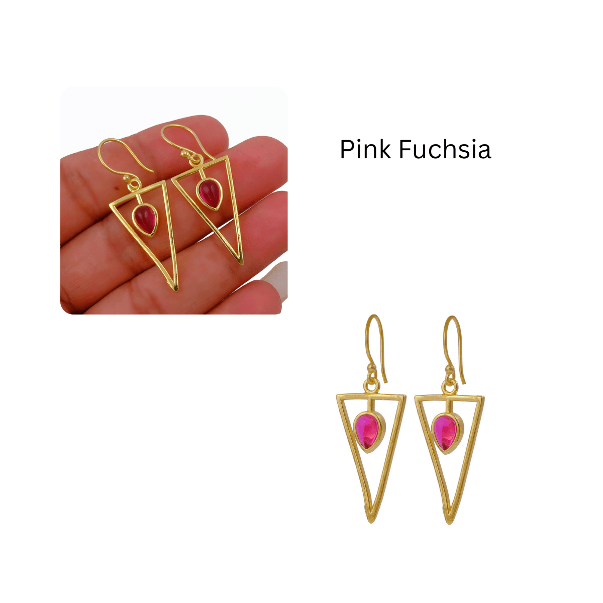 Geometric Triangle Drop Earrings with Teardrop Hessonite Garnet Gemstone CE - 1032