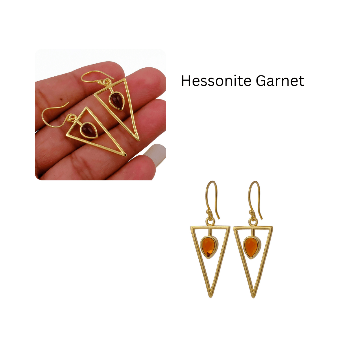 Geometric Triangle Drop Earrings with Teardrop Hessonite Garnet Gemstone CE - 1032