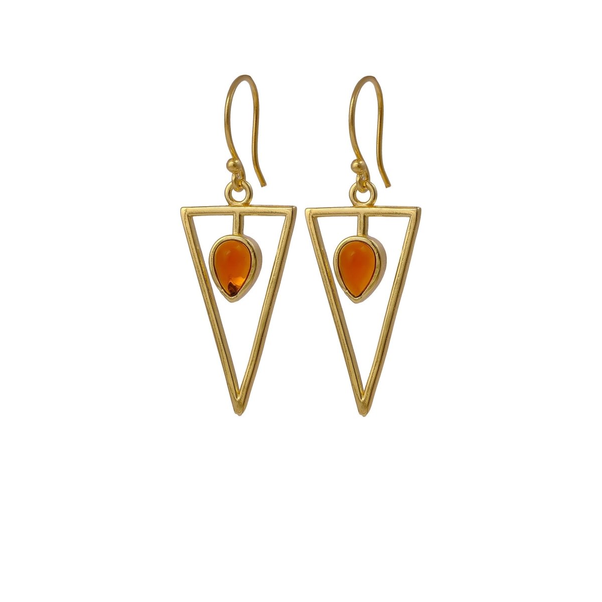 Geometric Triangle Drop Earrings with Teardrop Hessonite Garnet Gemstone CE - 1032
