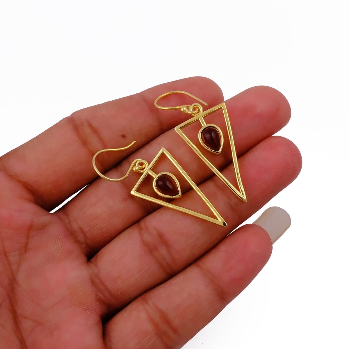 Geometric Triangle Drop Earrings with Teardrop Hessonite Garnet Gemstone CE - 1032