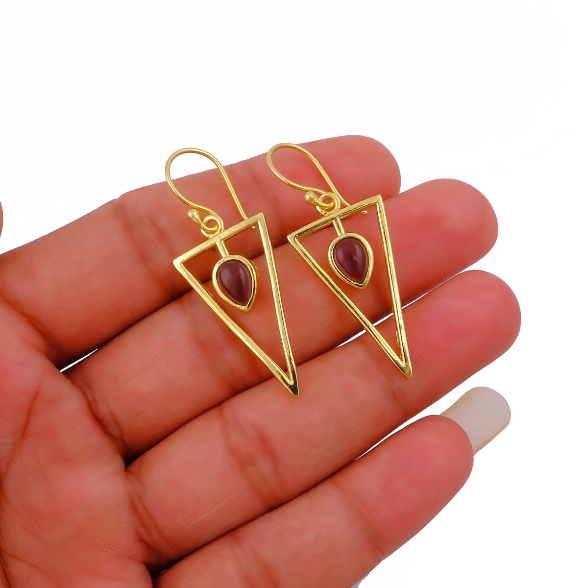 Geometric Triangle Drop Earrings with Teardrop Hessonite Garnet Gemstone CE - 1032