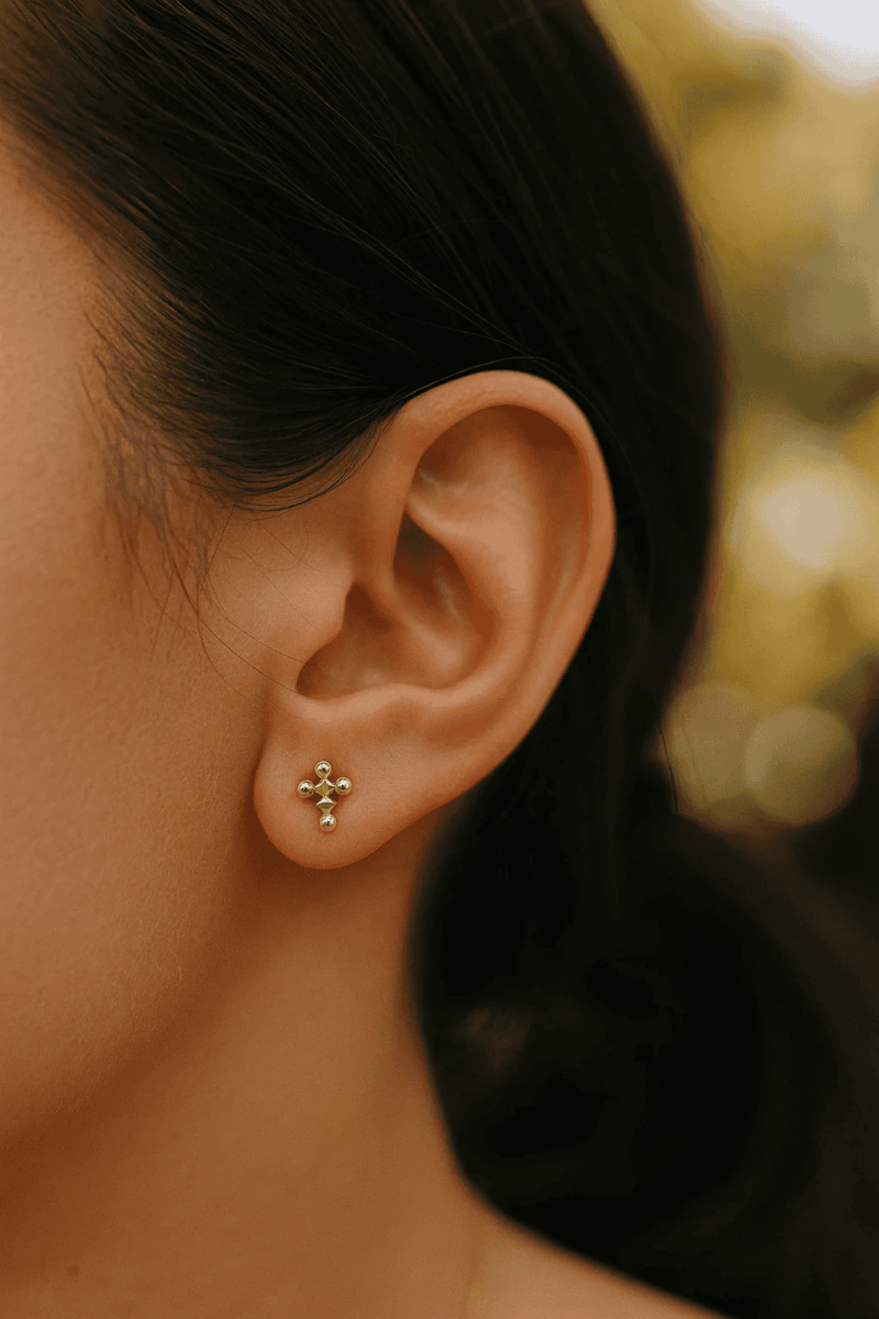 Gold Beaded Cross Stud Earrings Minimal Faith Jewelry Dainty Everyday Studs