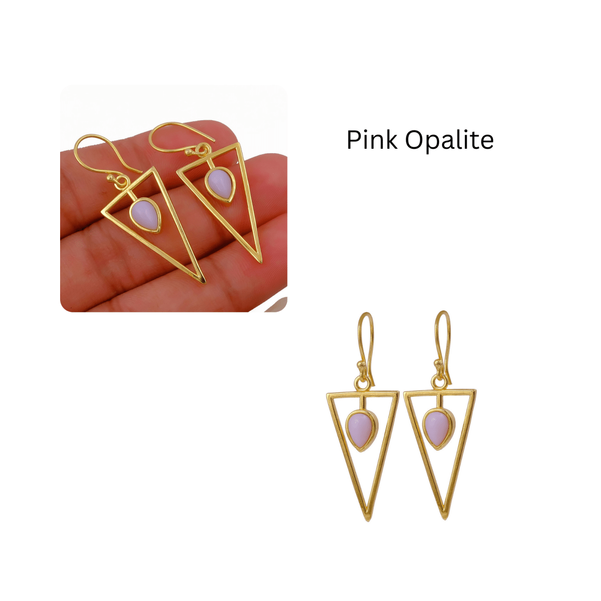Gold Geometric Drop Hook Earrings with Pink Opalite Teardrop Gemstone CE - 1032