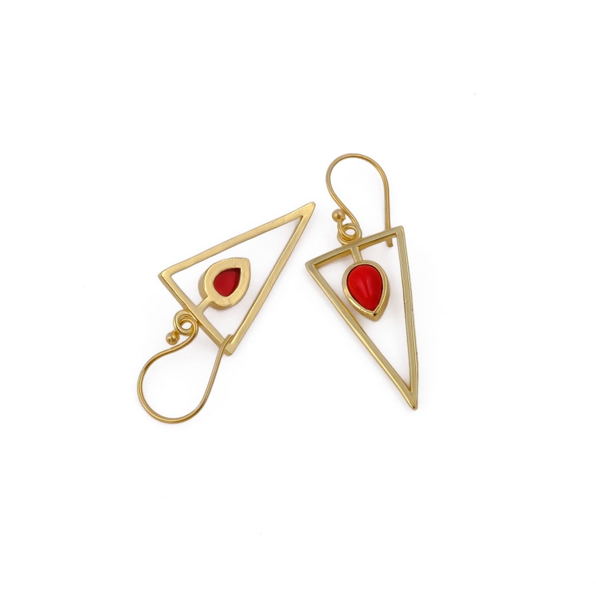 Gold Geometric Drop Hook Earrings with Pink Opalite Teardrop Gemstone CE - 1032