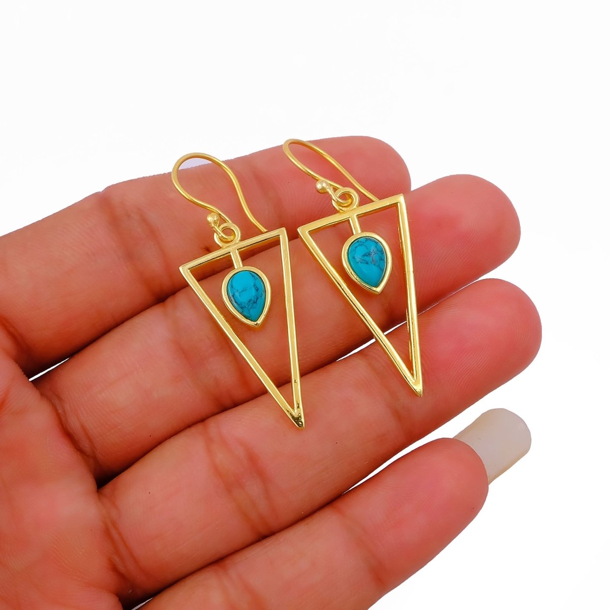 Gold Geometric Drop Hook Earrings with Pink Opalite Teardrop Gemstone CE - 1032