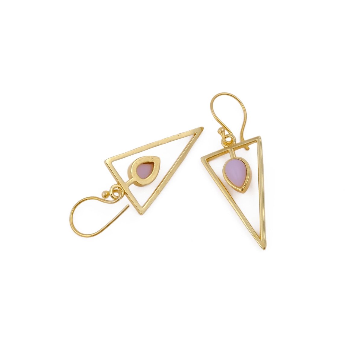 Gold Geometric Drop Hook Earrings with Pink Opalite Teardrop Gemstone CE - 1032