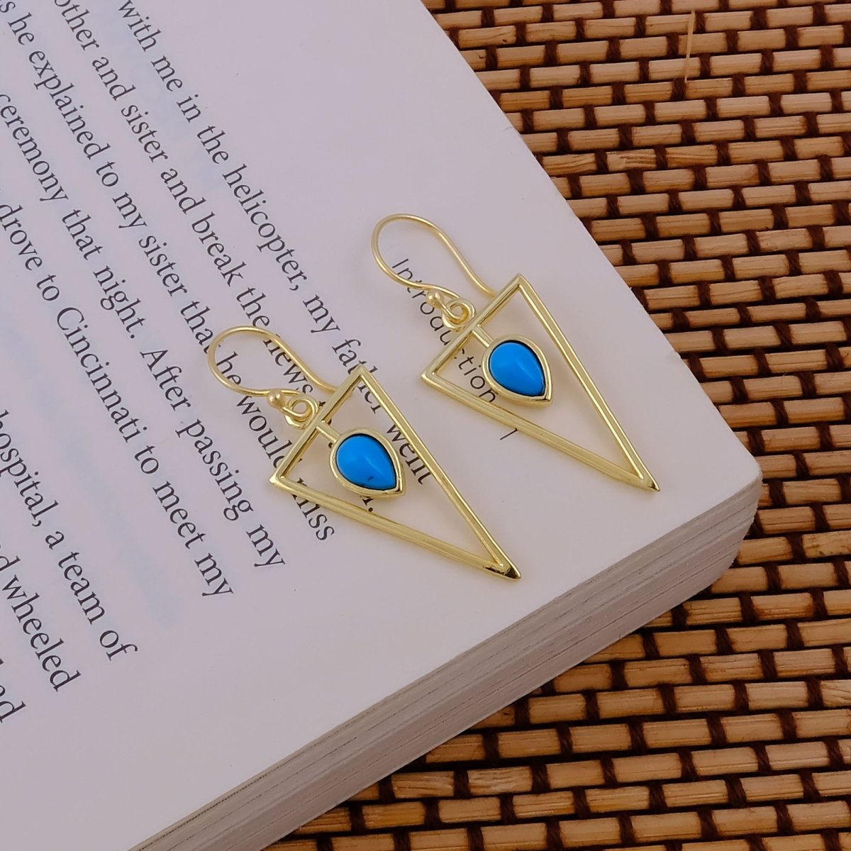 Gold Geometric Drop Hook Earrings with Pink Opalite Teardrop Gemstone CE - 1032