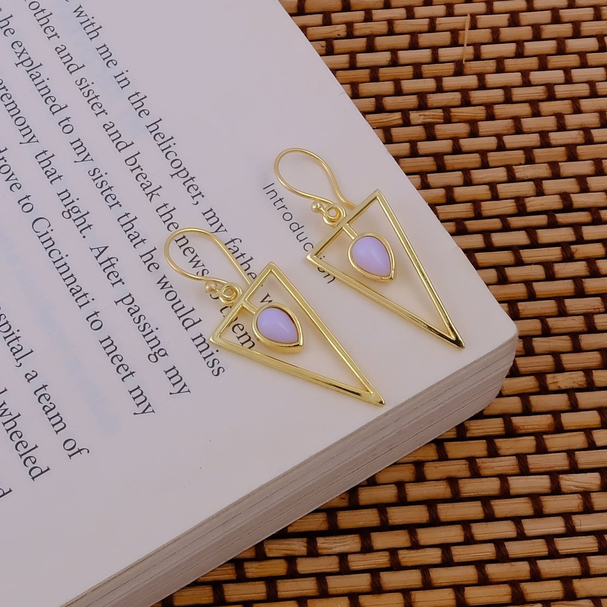 Gold Geometric Drop Hook Earrings with Pink Opalite Teardrop Gemstone CE - 1032
