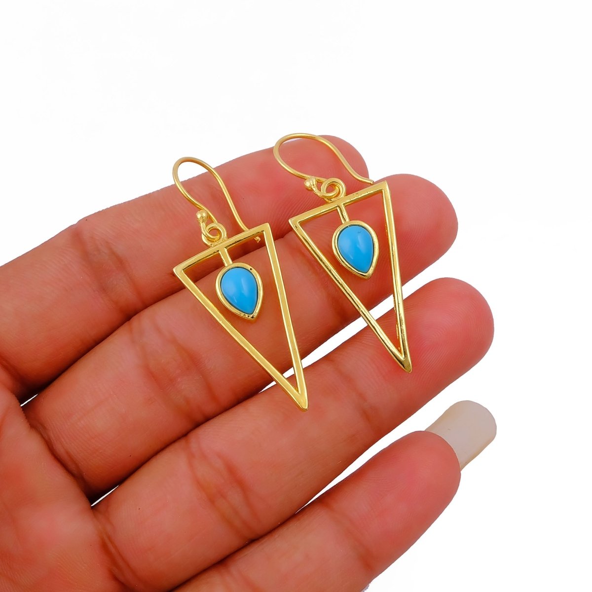 Gold Geometric Drop Hook Earrings with Pink Opalite Teardrop Gemstone CE - 1032