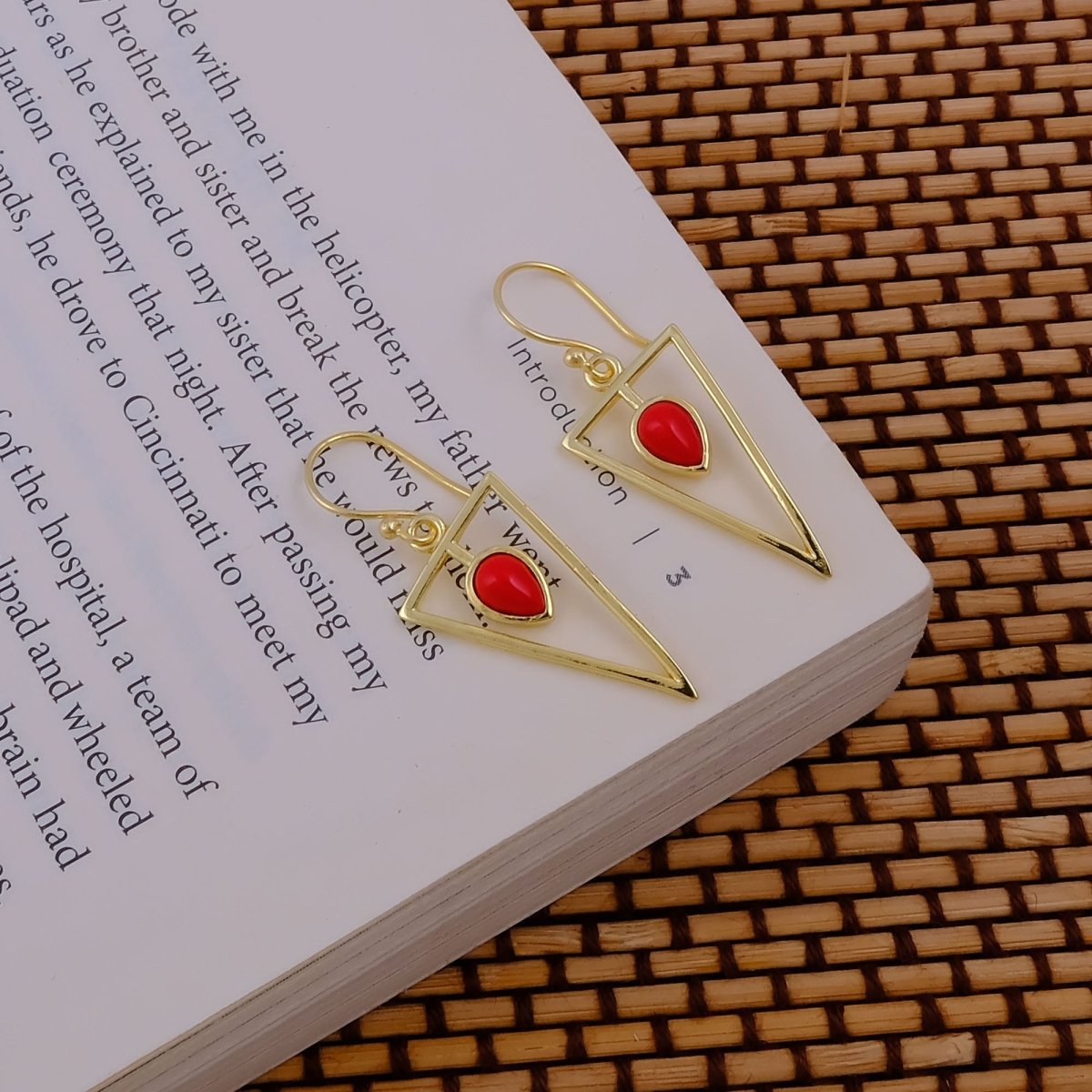 Gold Geometric Drop Hook Earrings with Pink Opalite Teardrop Gemstone CE - 1032