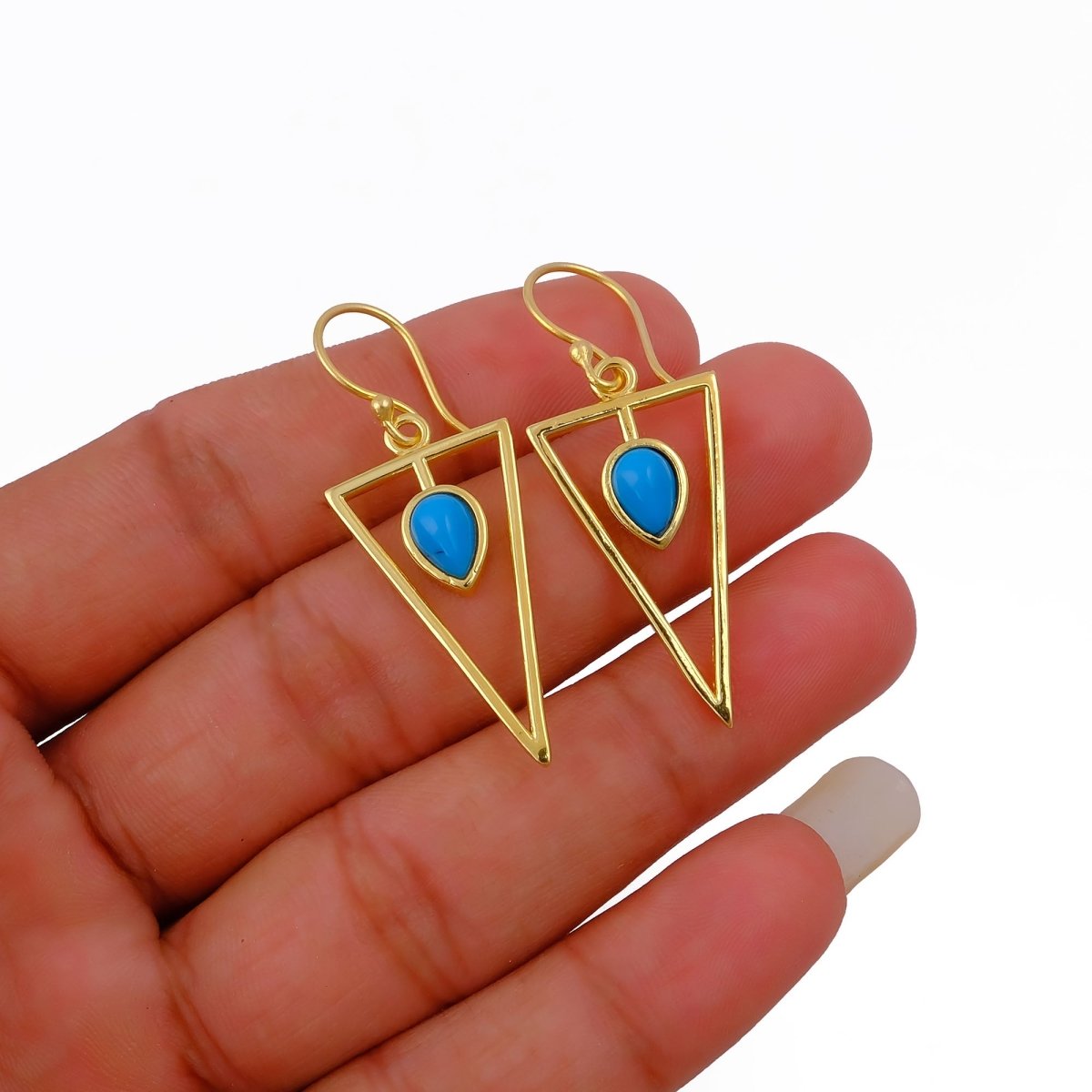 Gold Geometric Drop Hook Earrings with Pink Opalite Teardrop Gemstone CE - 1032