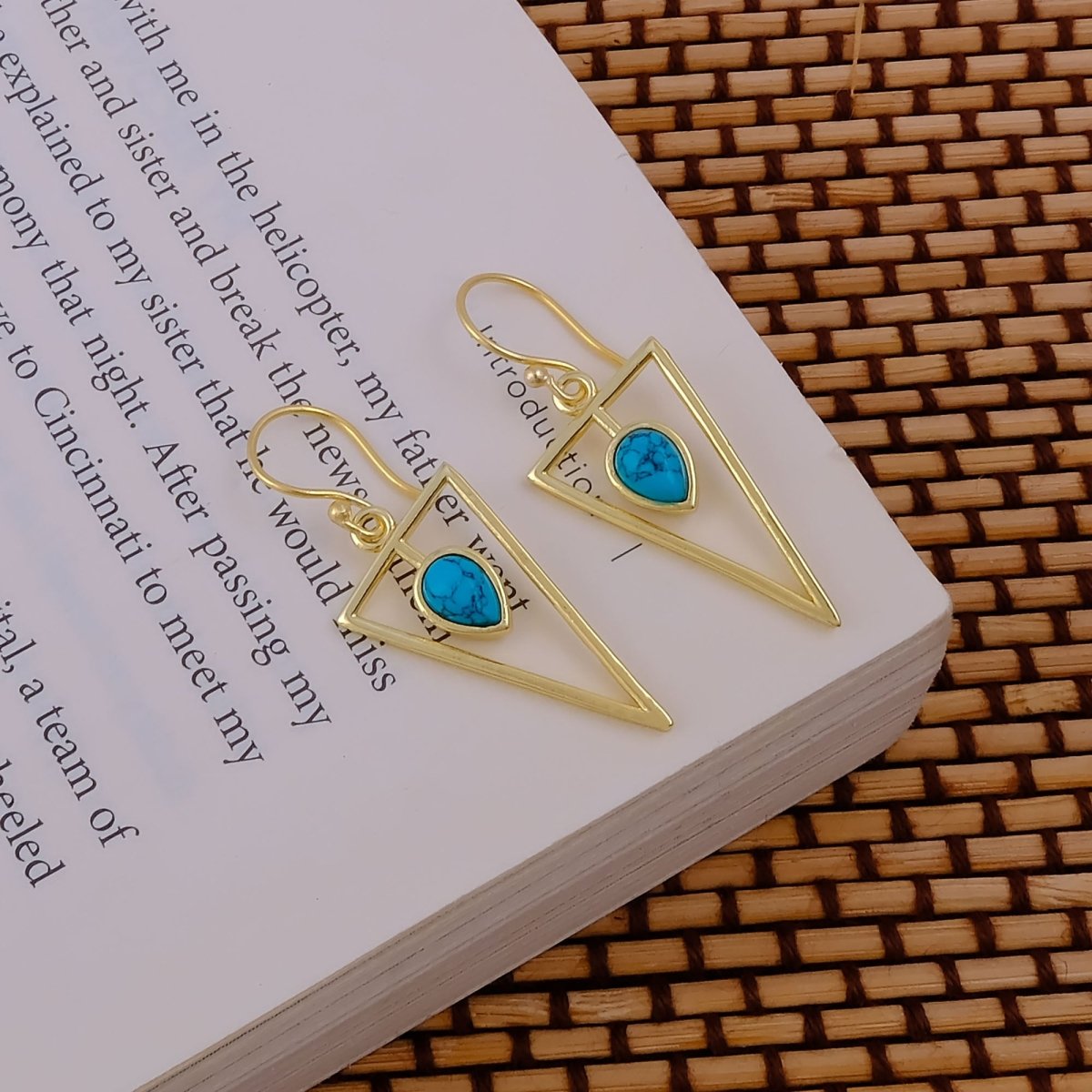 Gold Geometric Drop Hook Earrings with Pink Opalite Teardrop Gemstone CE - 1032