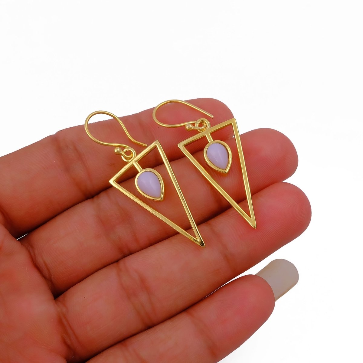 Gold Geometric Drop Hook Earrings with Pink Opalite Teardrop Gemstone CE - 1032