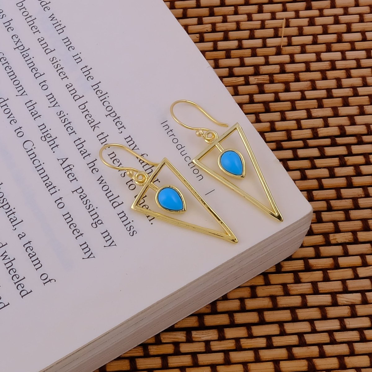 Gold Geometric Drop Hook Earrings with Pink Opalite Teardrop Gemstone CE - 1032