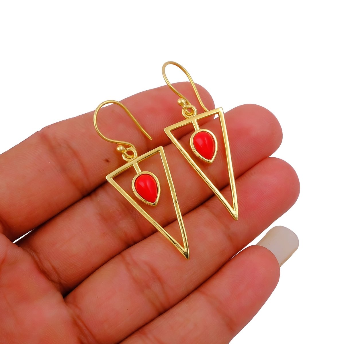 Gold Geometric Drop Hook Earrings with Pink Opalite Teardrop Gemstone CE - 1032