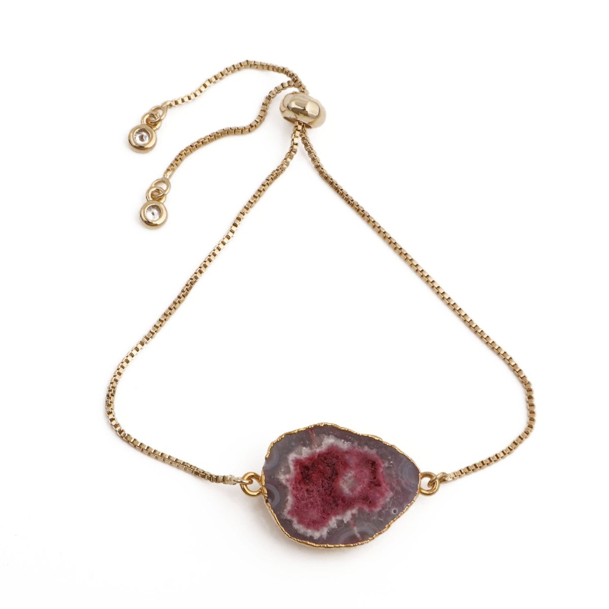 Gold Plated Adjustable Bracelet with Natural Blue Geode Gemstone 5370 Pink Geode