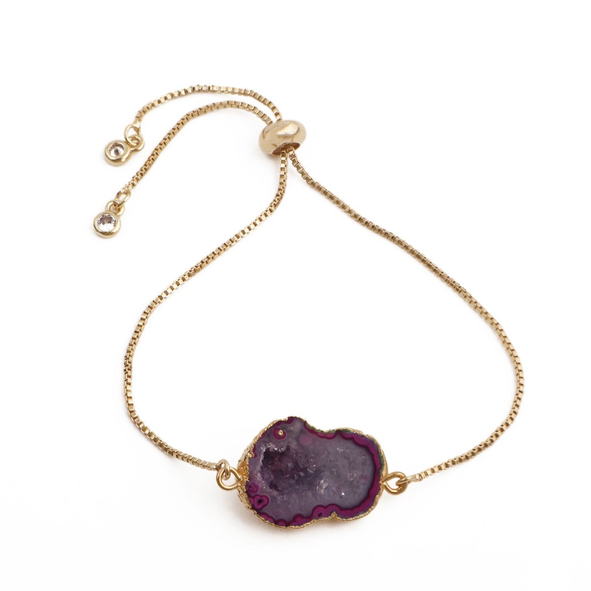 Gold Plated Adjustable Bracelet with Natural Blue Geode Gemstone 5370 Purple Geode