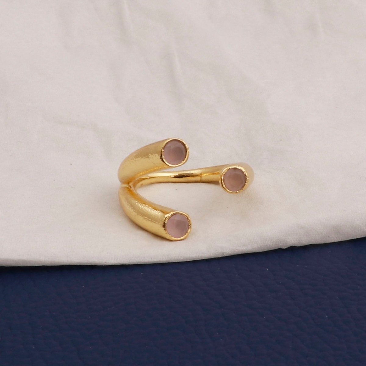 Gold Plated Adjustable Triple Stone Ring Pink Chalcedony Open Ring