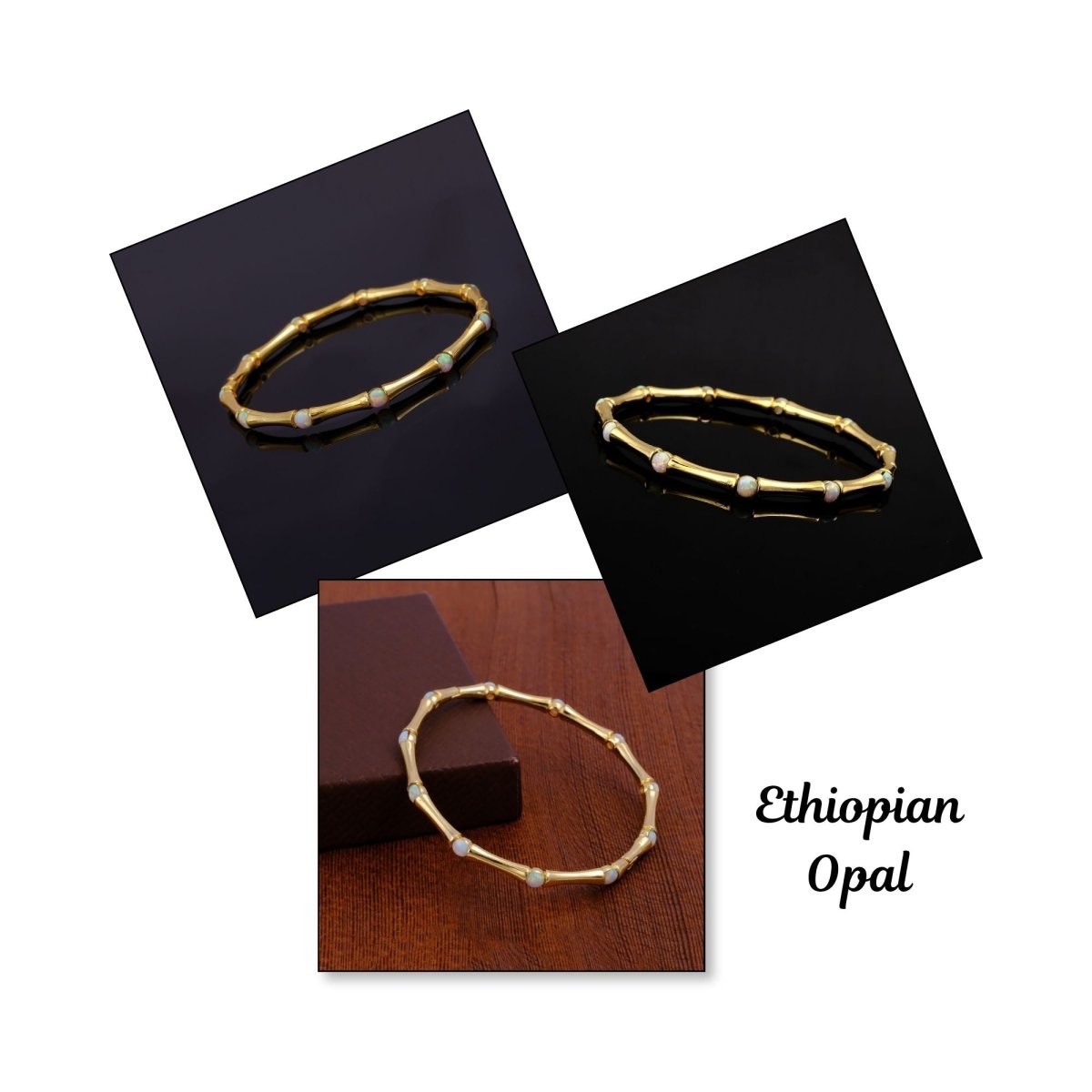 Gold - Plated Bamboo Bangle with Ethiopian Opal Gemstone, Handcrafted Jewelry CB - 1001
