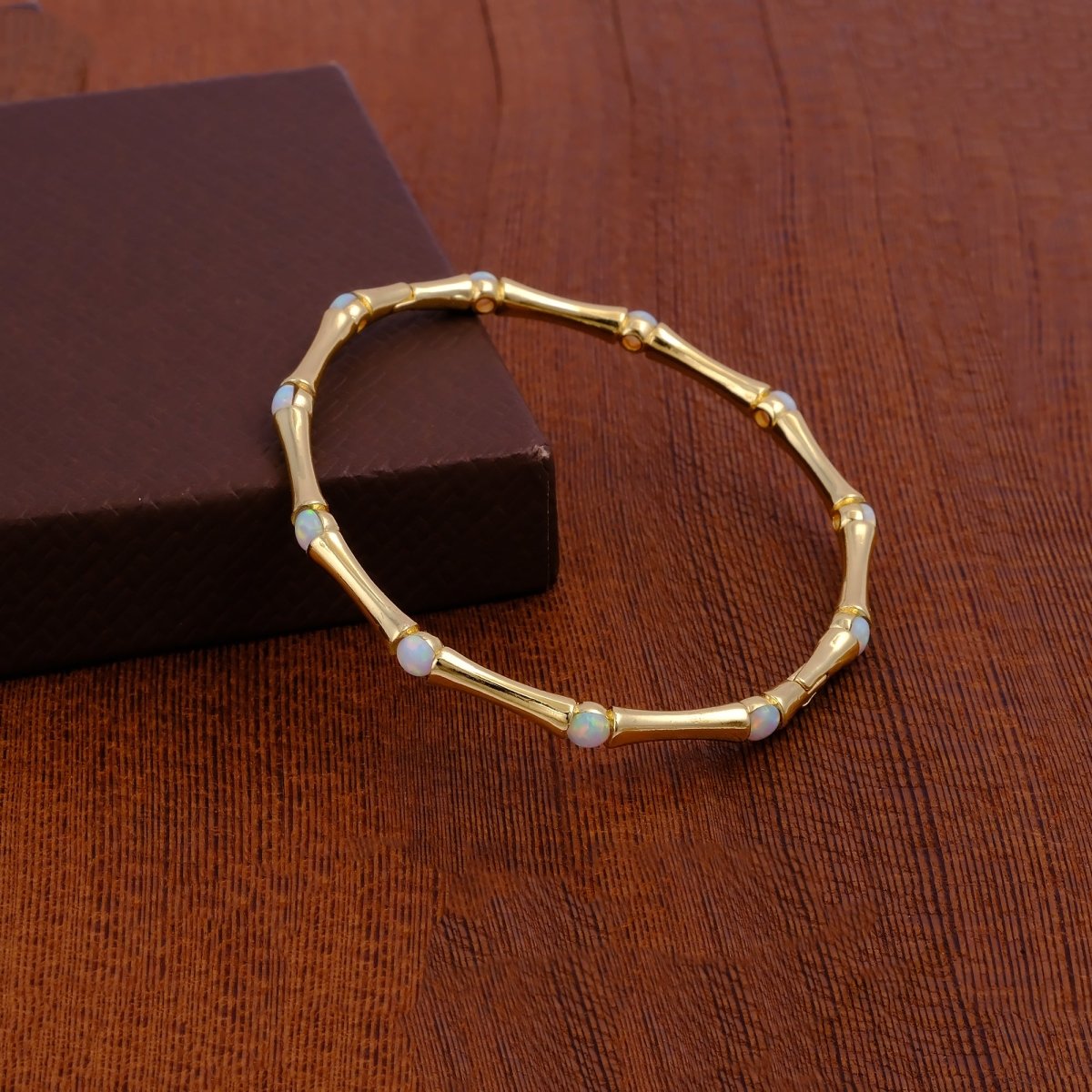 Gold - Plated Bamboo Bangle with Ethiopian Opal Gemstone, Handcrafted Jewelry CB - 1001