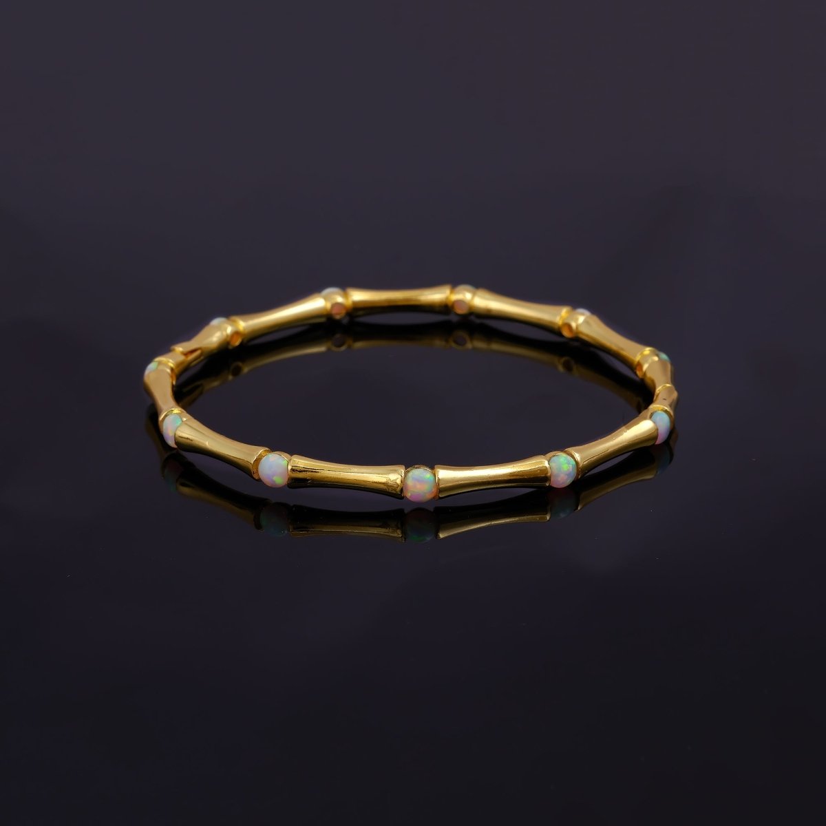 Gold - Plated Bamboo Bangle with Ethiopian Opal Gemstone, Handcrafted Jewelry CB - 1001