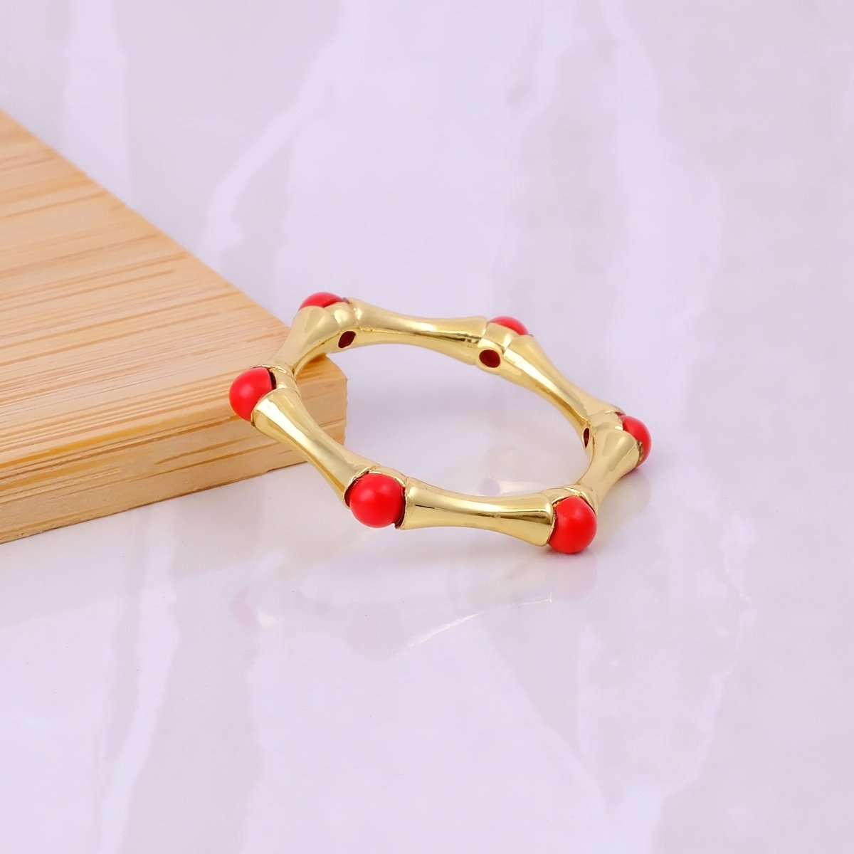 Gold Plated Bamboo Style Ring, Dainty Handcrafted Pink Fuchsia Eternity Ring CR - 1023