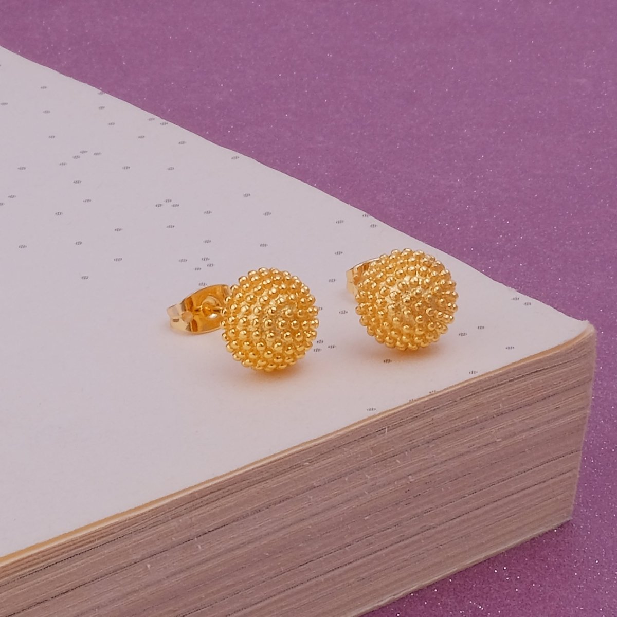 Gold Plated Beaded Round Stud Earrings Textured Everyday Jewelry