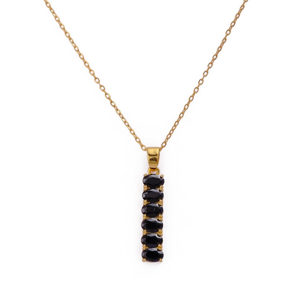 Gold - Plated Black Onyx Oval Gemstones Vertical Design Pendant Necklace