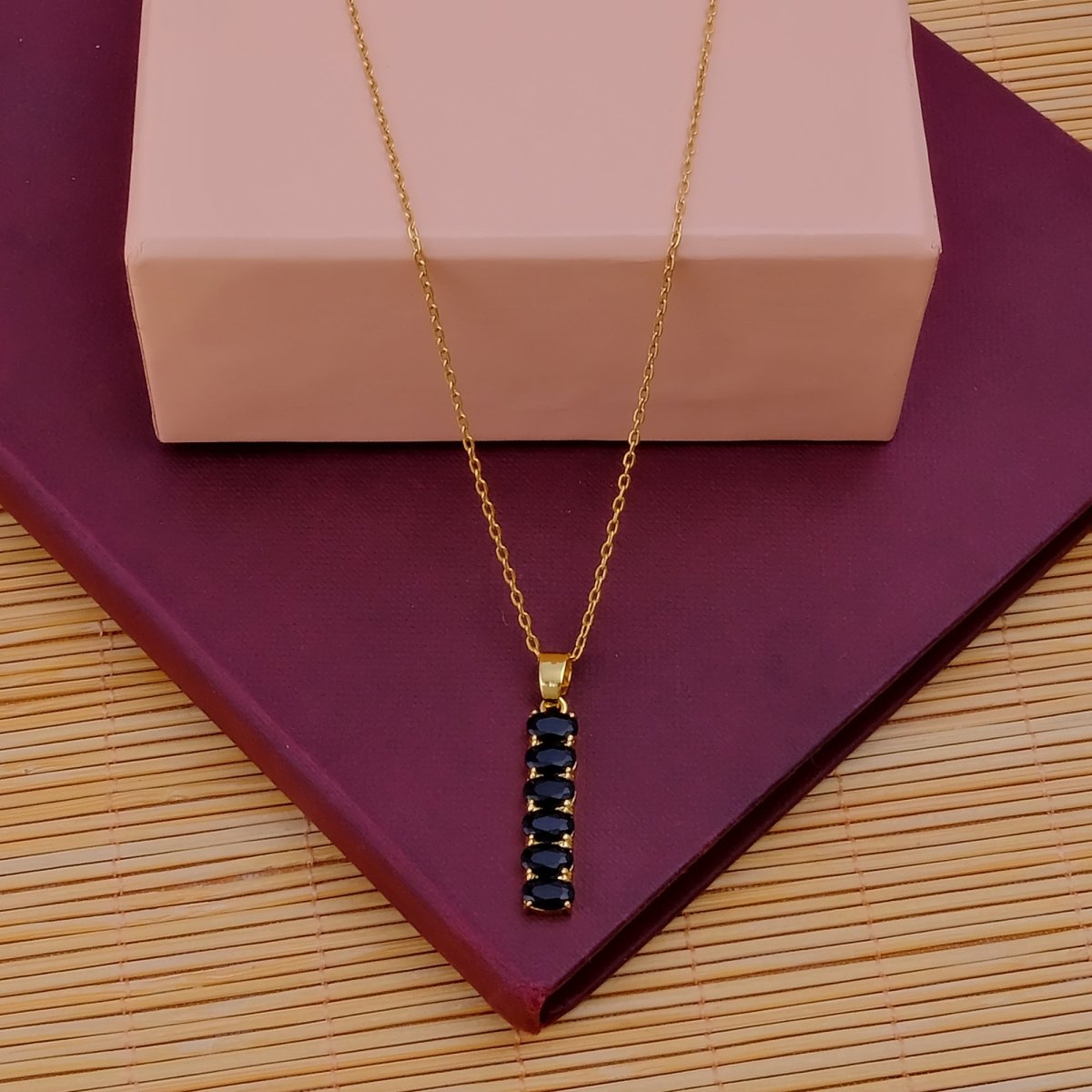 Gold - Plated Black Onyx Oval Gemstones Vertical Design Pendant Necklace