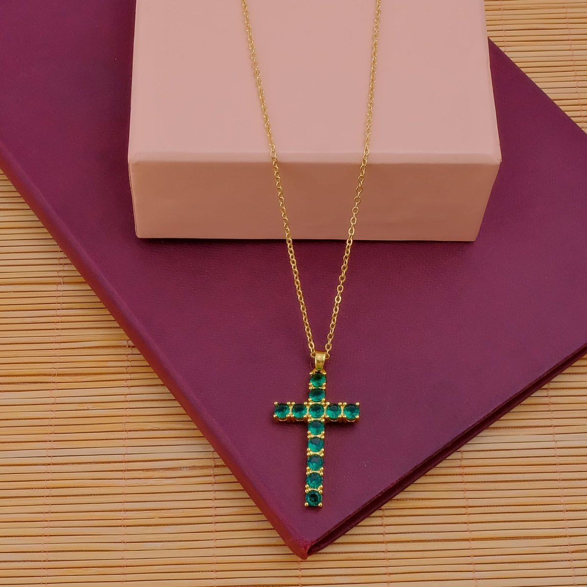 Gold - Plated Cross Apatite Gemstone CZ Pendant Necklace