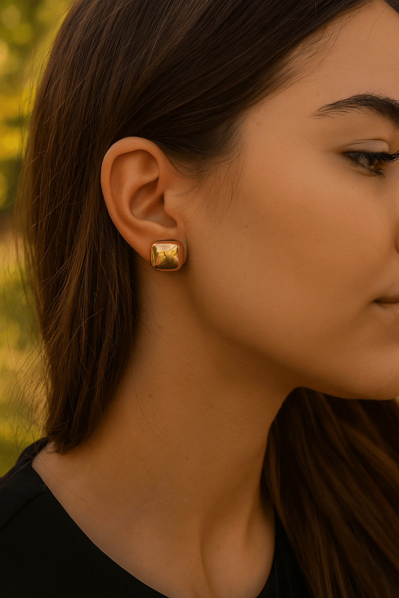 Gold Plated Cusion Stud Earrings Bold Rounded Square Minimalist Jewelry