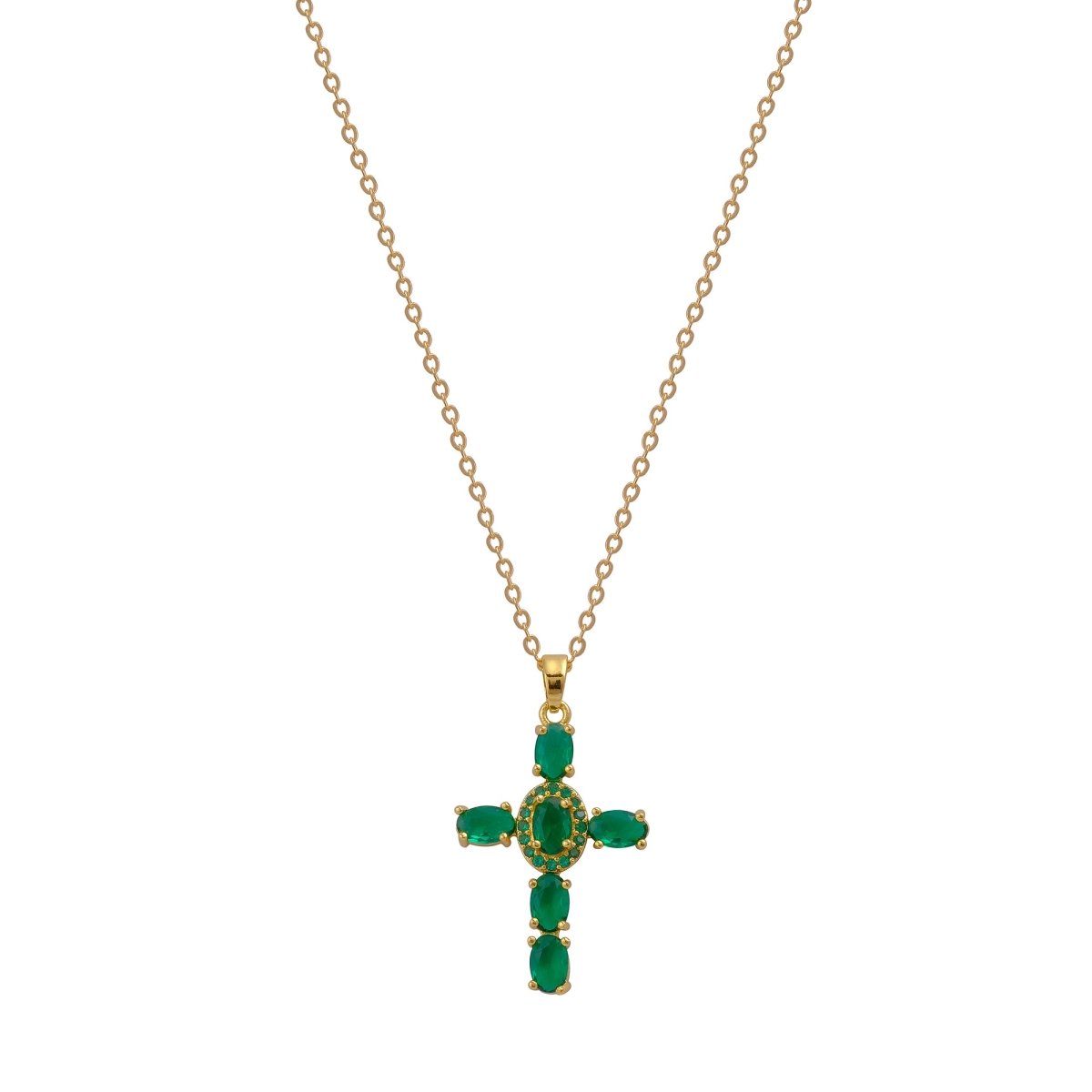 Gold - Plated Emerald CZ Cross Pendant Necklace Elegant Green Stone Religious Jewelry